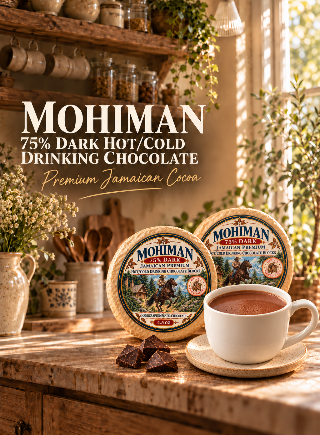 2 PACKS - 75% Jamaican Dark Drinking Hot/Cold Chocolate Block